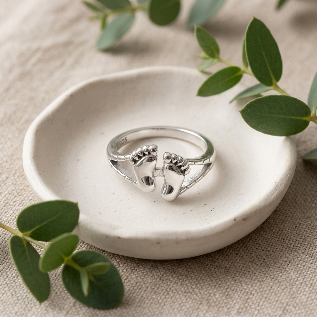 Sterling Silver Baby Feet Footprints Open Shoulder Ring for Women life2