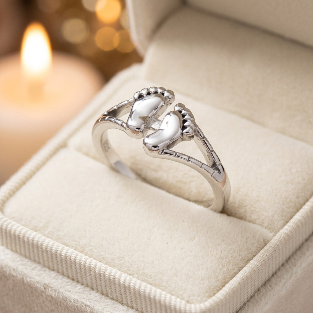 Sterling Silver Baby Feet Footprints Open Shoulder Ring for Women life3