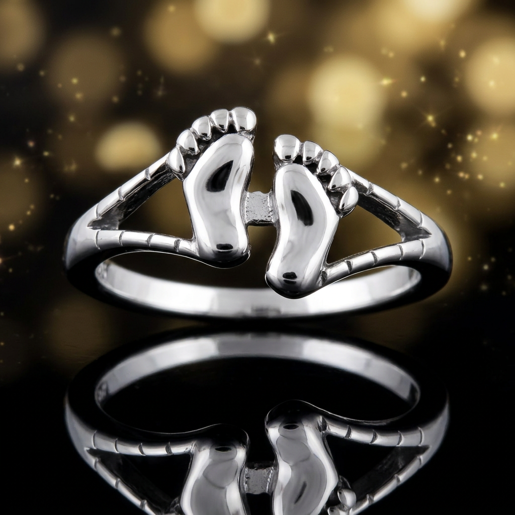 Sterling Silver Baby Feet Footprints Open Shoulder Ring for Women life4