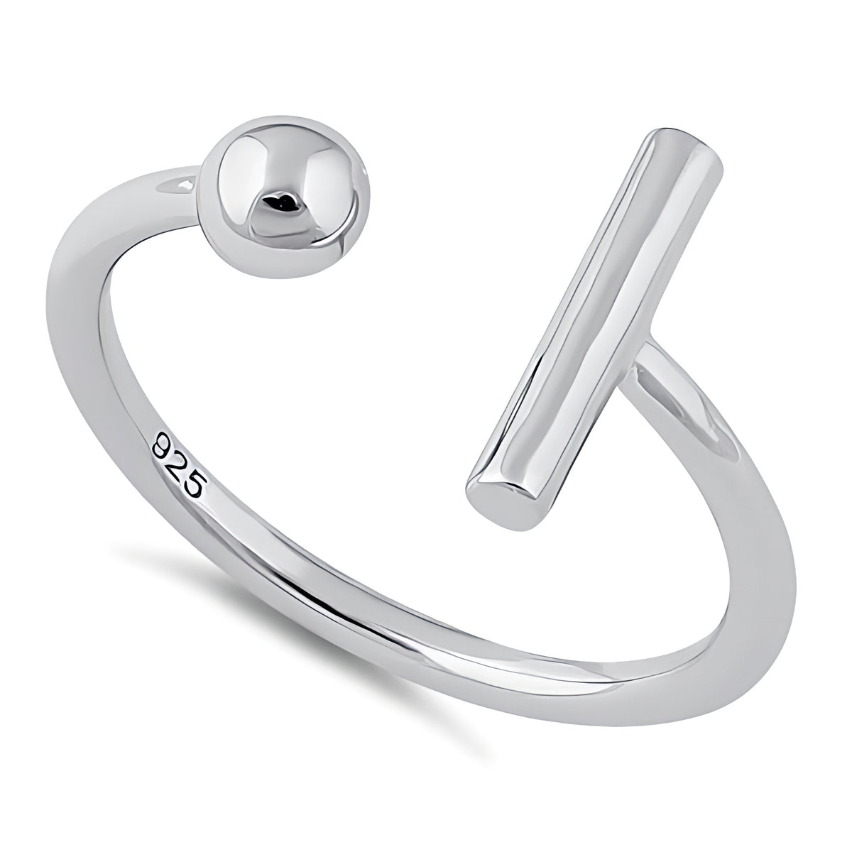 Sterling Silver Minimalist Open Bar and Ball Cuff Ring for Women