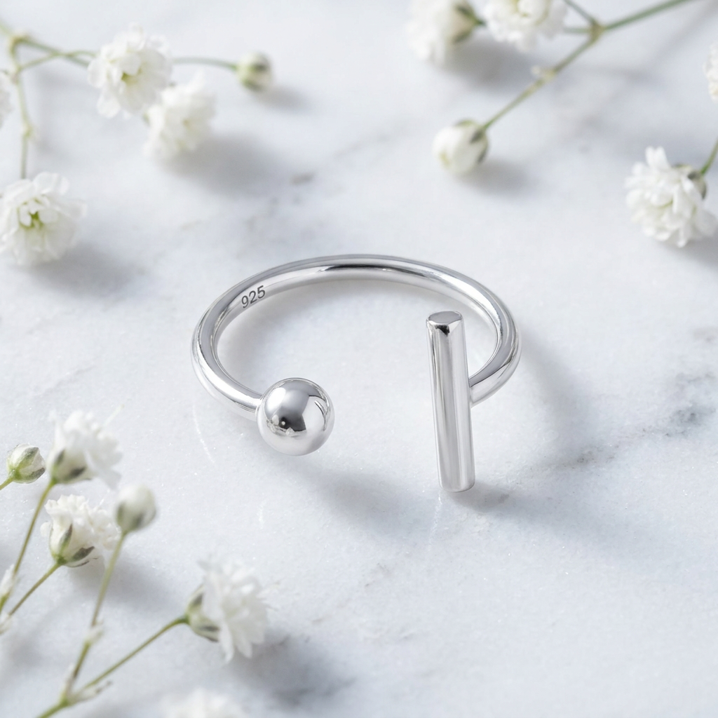 Sterling Silver Minimalist Open Bar and Ball Cuff Ring for Women life1