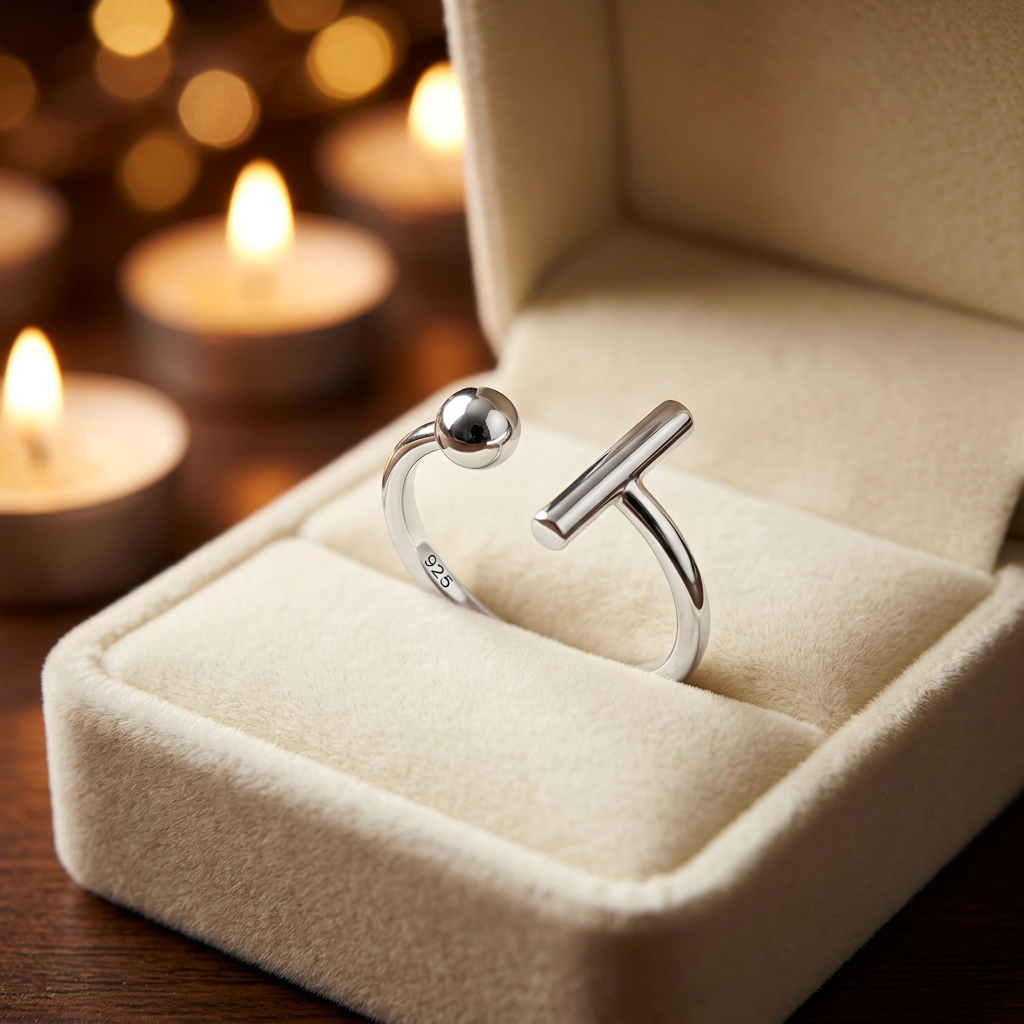 Sterling Silver Minimalist Open Bar and Ball Cuff Ring for Women life3