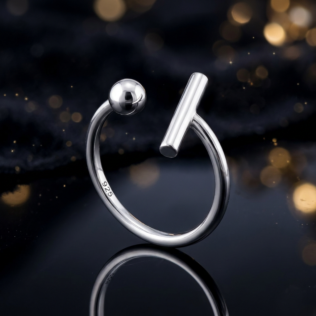 Sterling Silver Minimalist Open Bar and Ball Cuff Ring for Women life4