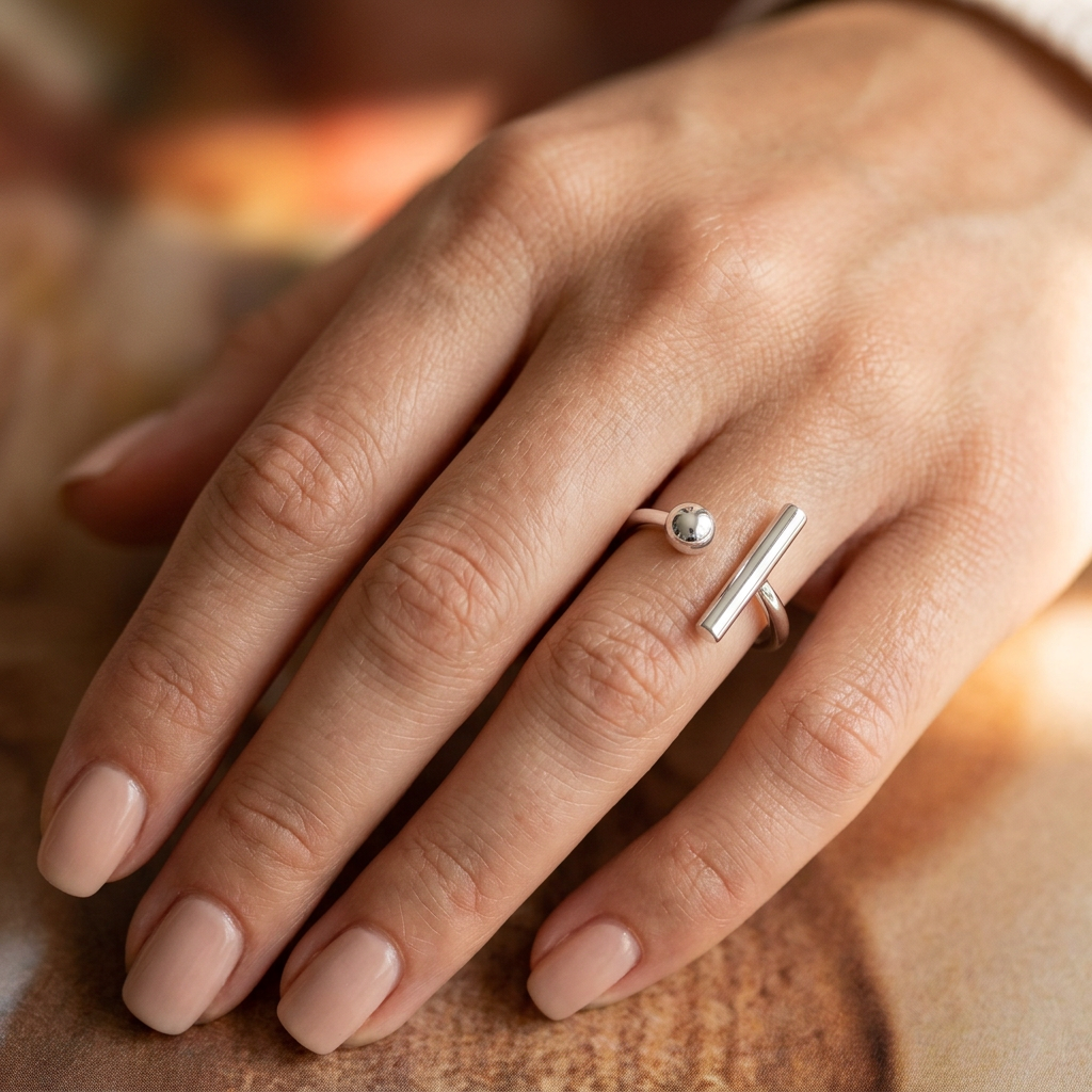 Sterling Silver Minimalist Open Bar and Ball Cuff Ring for Women model