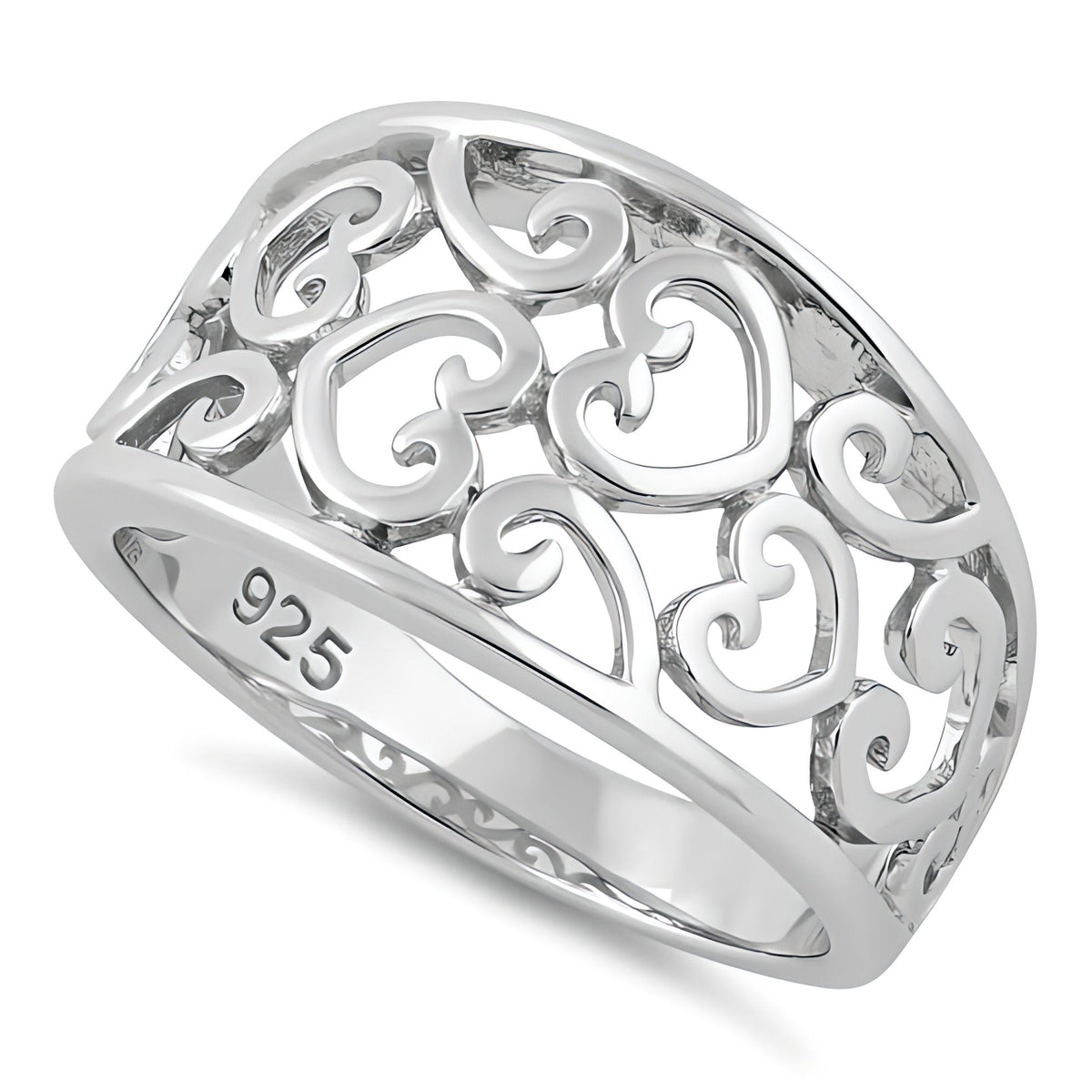 Sterling Silver 5.8mm Filigree Scroll Hearts Wide Tapered Band Ring for Women