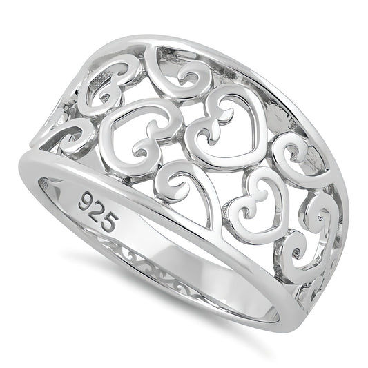 Sterling Silver 5.8mm Filigree Scroll Hearts Wide Tapered Band Ring for Women