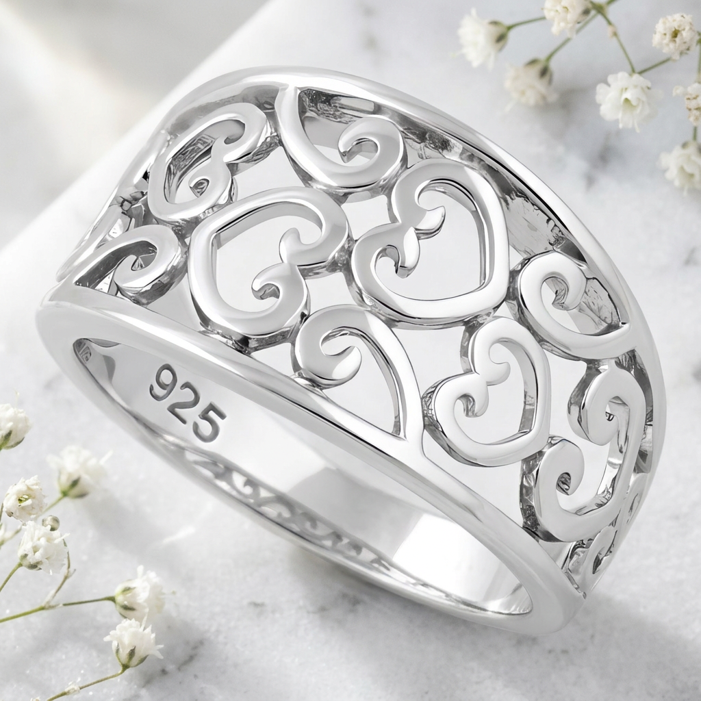 Sterling Silver 5.8mm Filigree Scroll Hearts Wide Tapered Band Ring for Women life1