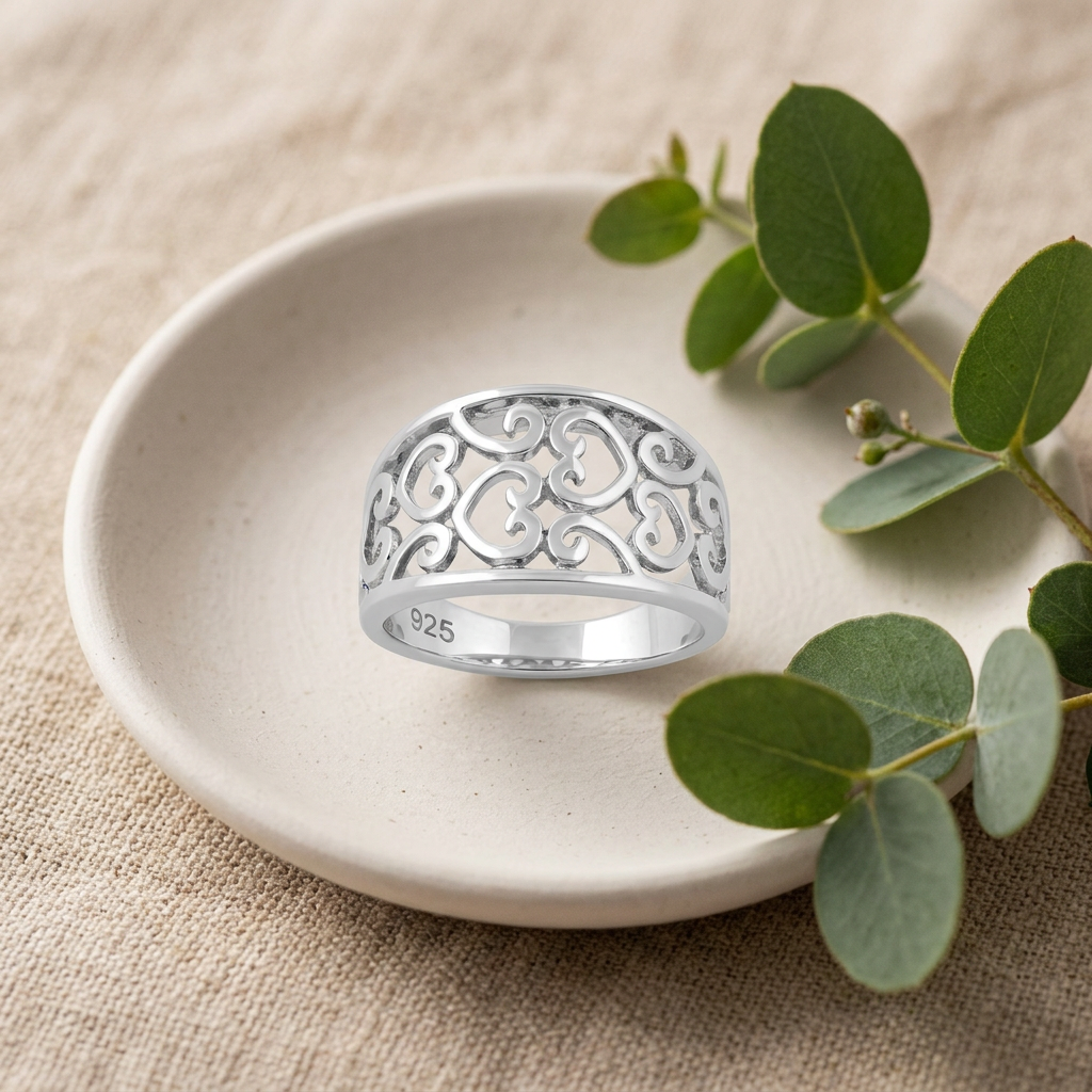 Sterling Silver 5.8mm Filigree Scroll Hearts Wide Tapered Band Ring for Women life2