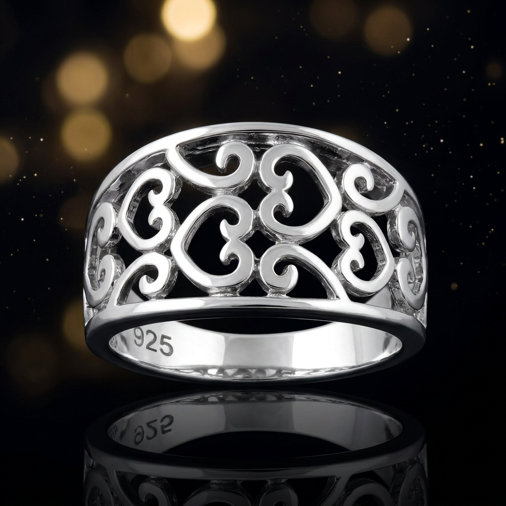 Sterling Silver 5.8mm Filigree Scroll Hearts Wide Tapered Band Ring for Women life4