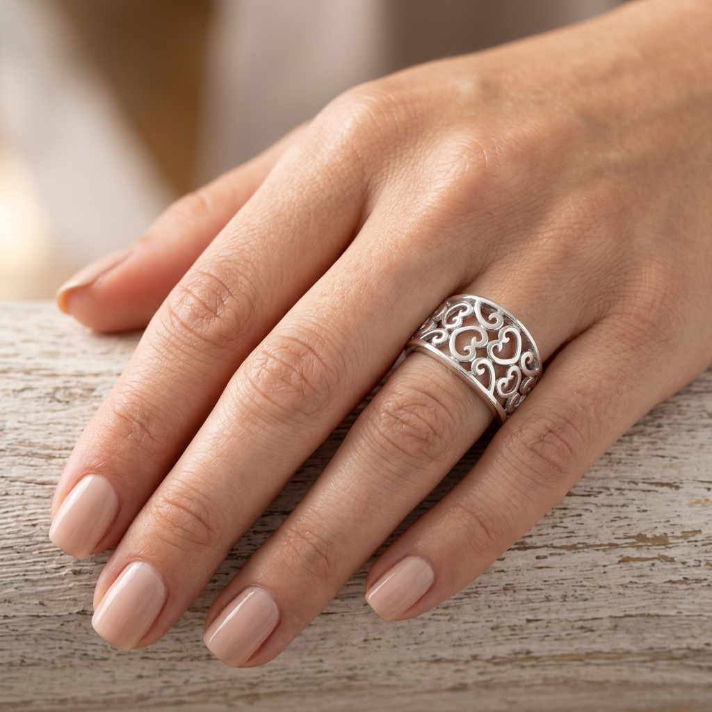 Sterling Silver 5.8mm Filigree Scroll Hearts Wide Tapered Band Ring for Women model