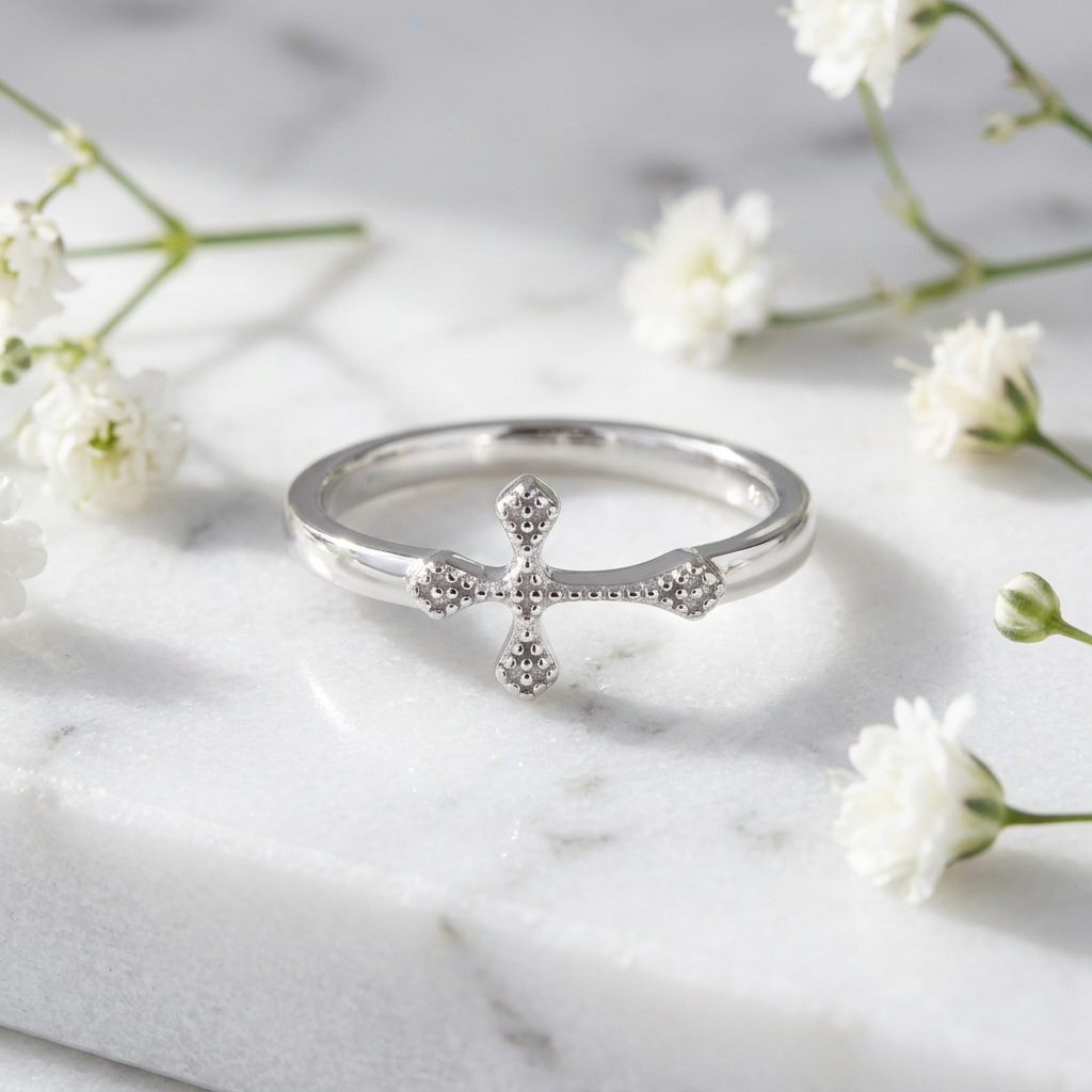 Sterling Silver 2.3mm Beaded Sideways Cross Faith Ring for Women life1