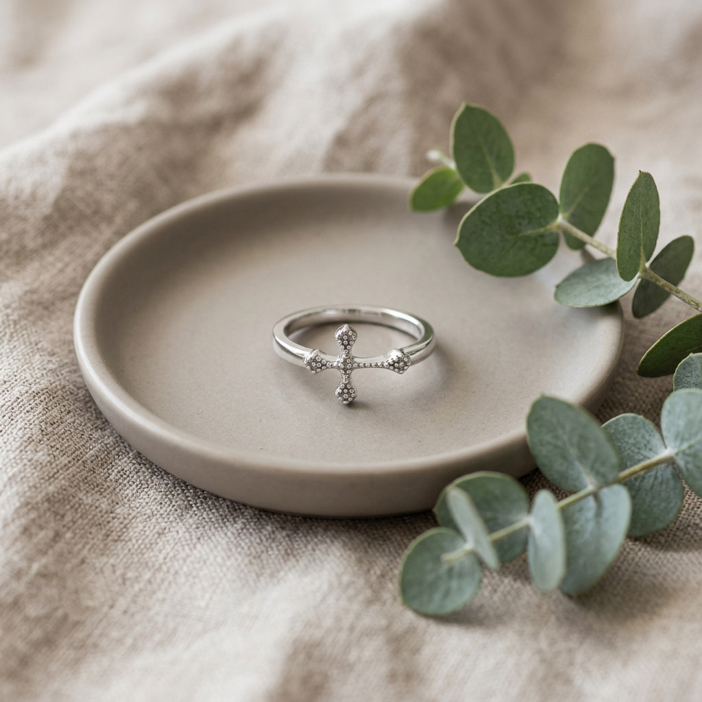 Sterling Silver 2.3mm Beaded Sideways Cross Faith Ring for Women life2