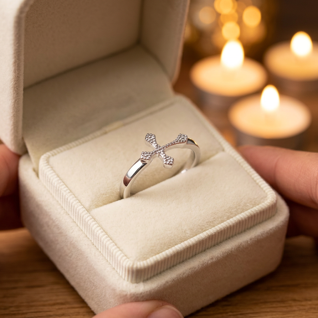 Sterling Silver 2.3mm Beaded Sideways Cross Faith Ring for Women life3