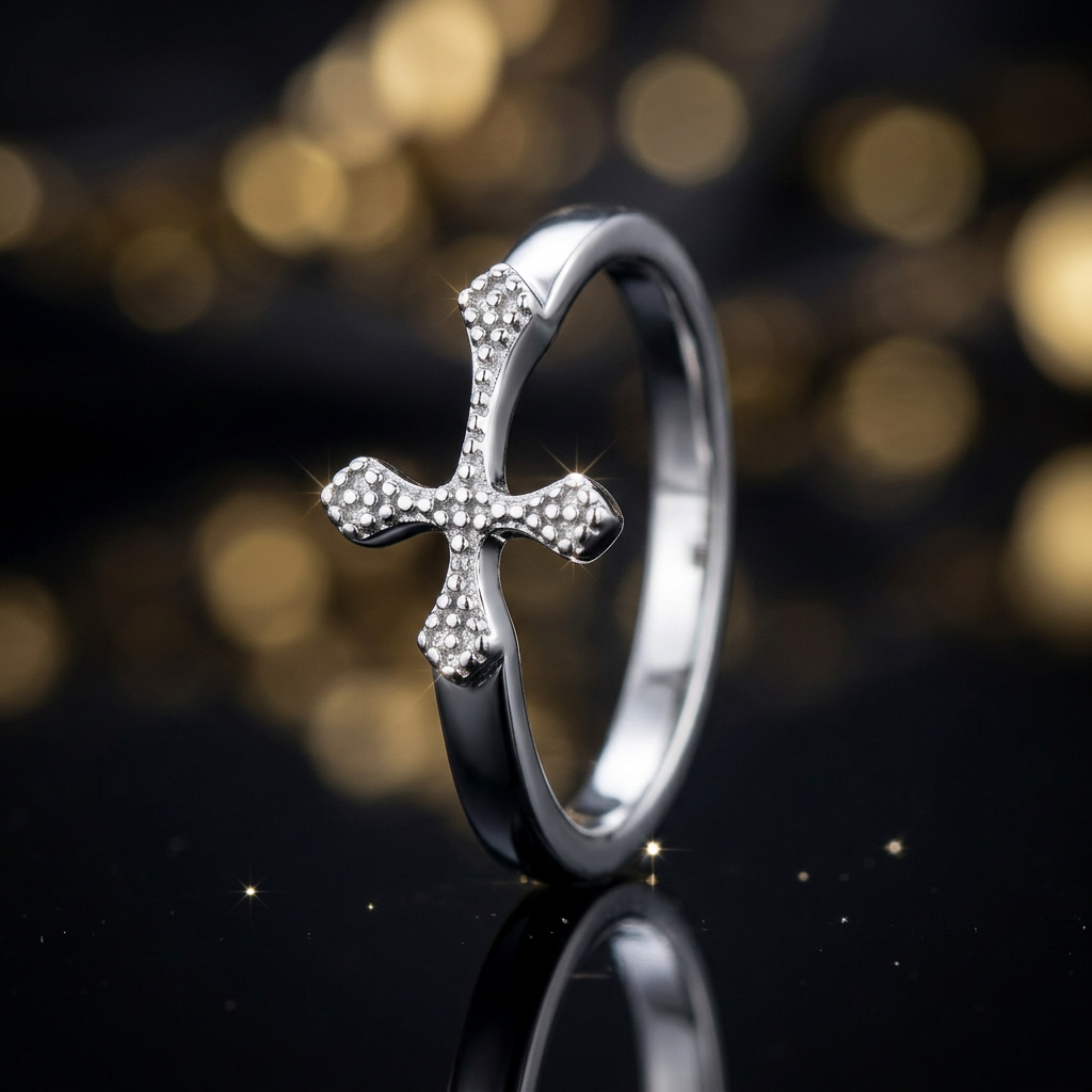 Sterling Silver 2.3mm Beaded Sideways Cross Faith Ring for Women life4