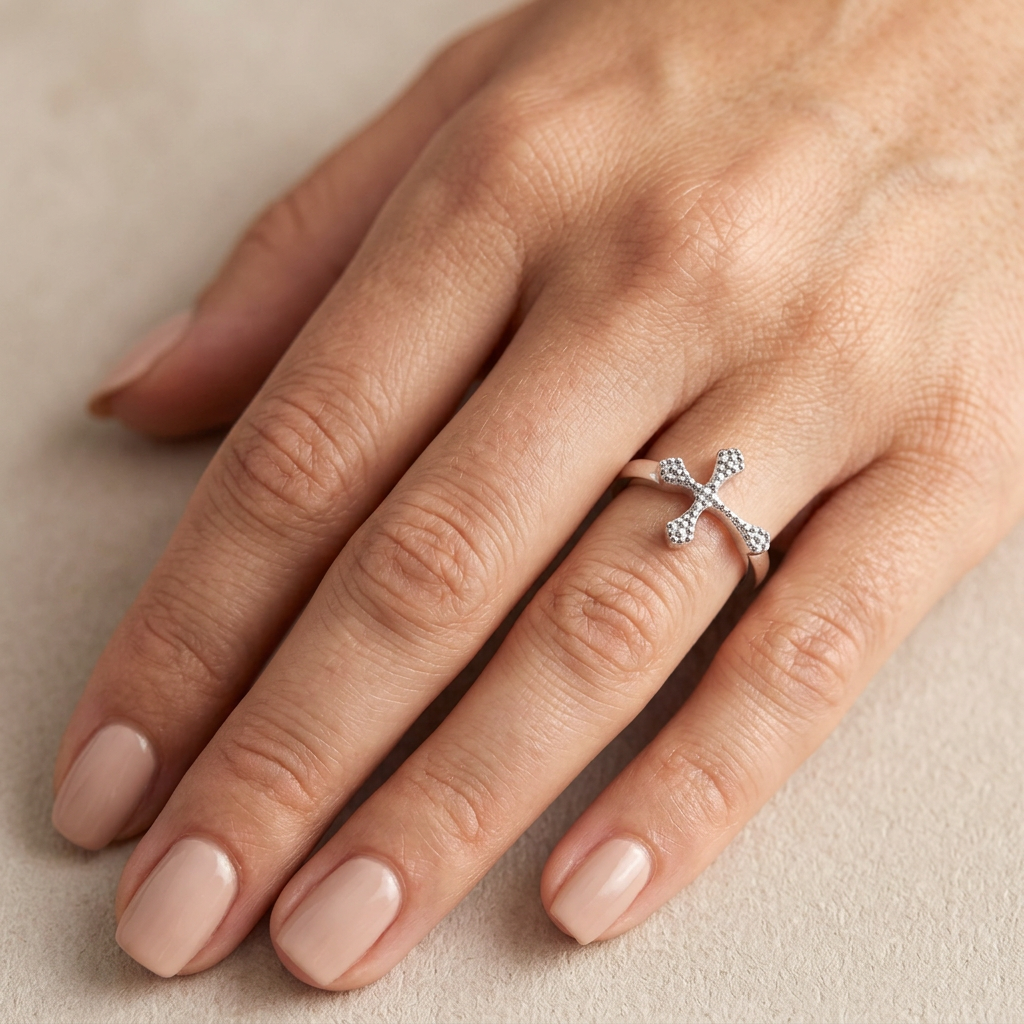 Sterling Silver 2.3mm Beaded Sideways Cross Faith Ring for Women model