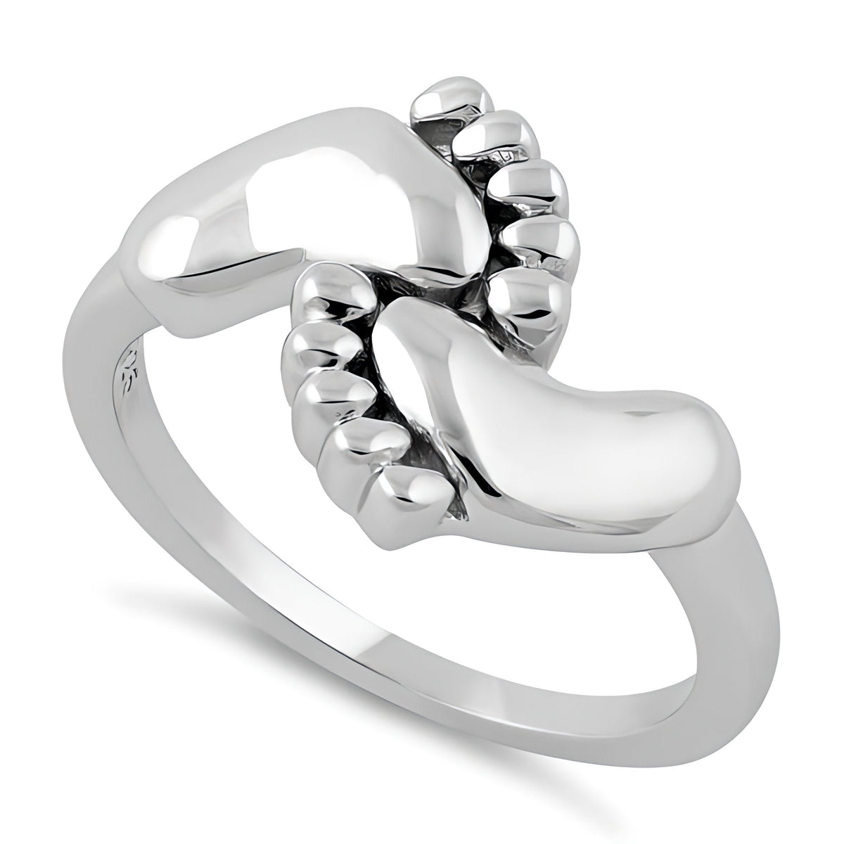 Sterling Silver 1.9mm Baby Feet Footprints Bypass Mom Ring for Women