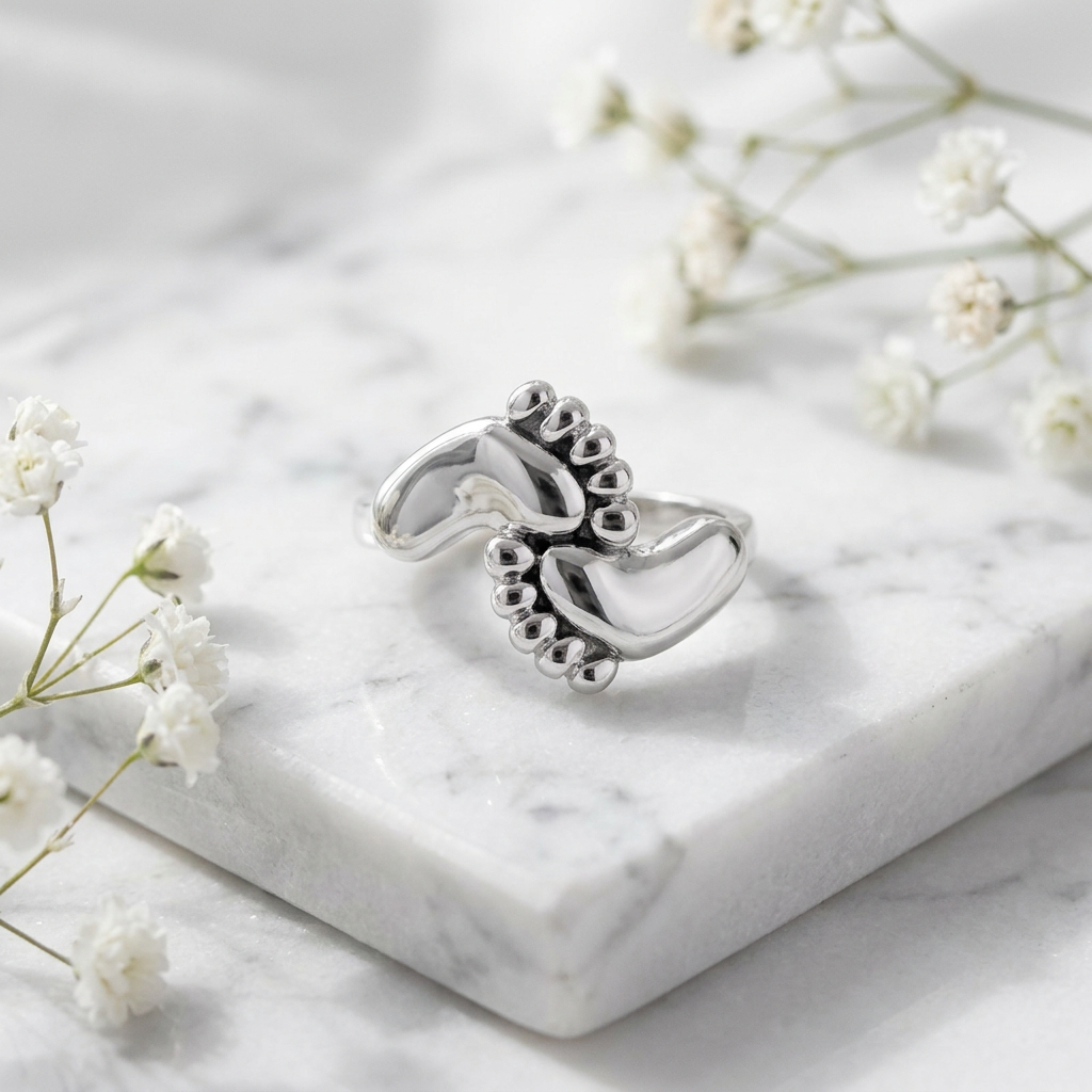 Sterling Silver 1.9mm Baby Feet Footprints Bypass Mom Ring for Women life1