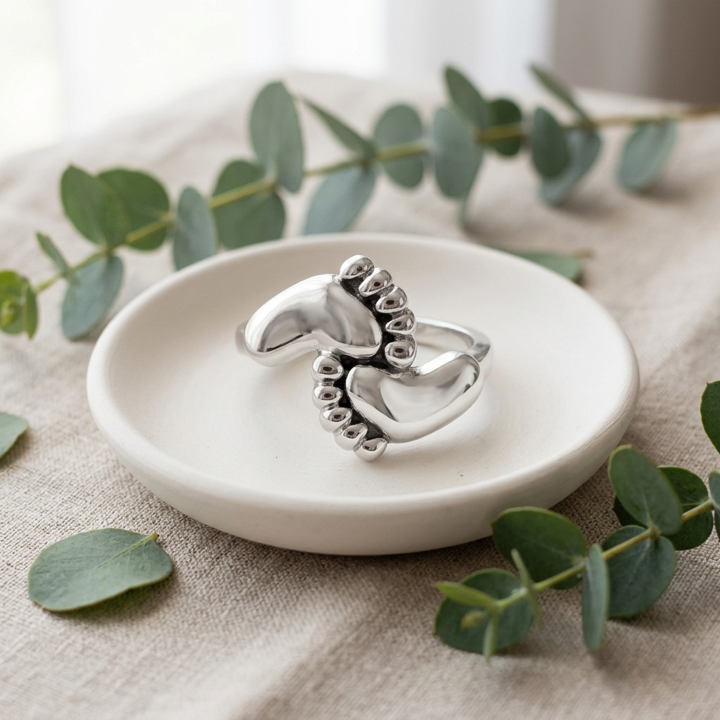 Sterling Silver 1.9mm Baby Feet Footprints Bypass Mom Ring for Women life2