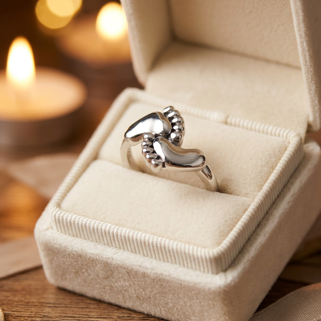 Sterling Silver 1.9mm Baby Feet Footprints Bypass Mom Ring for Women life3