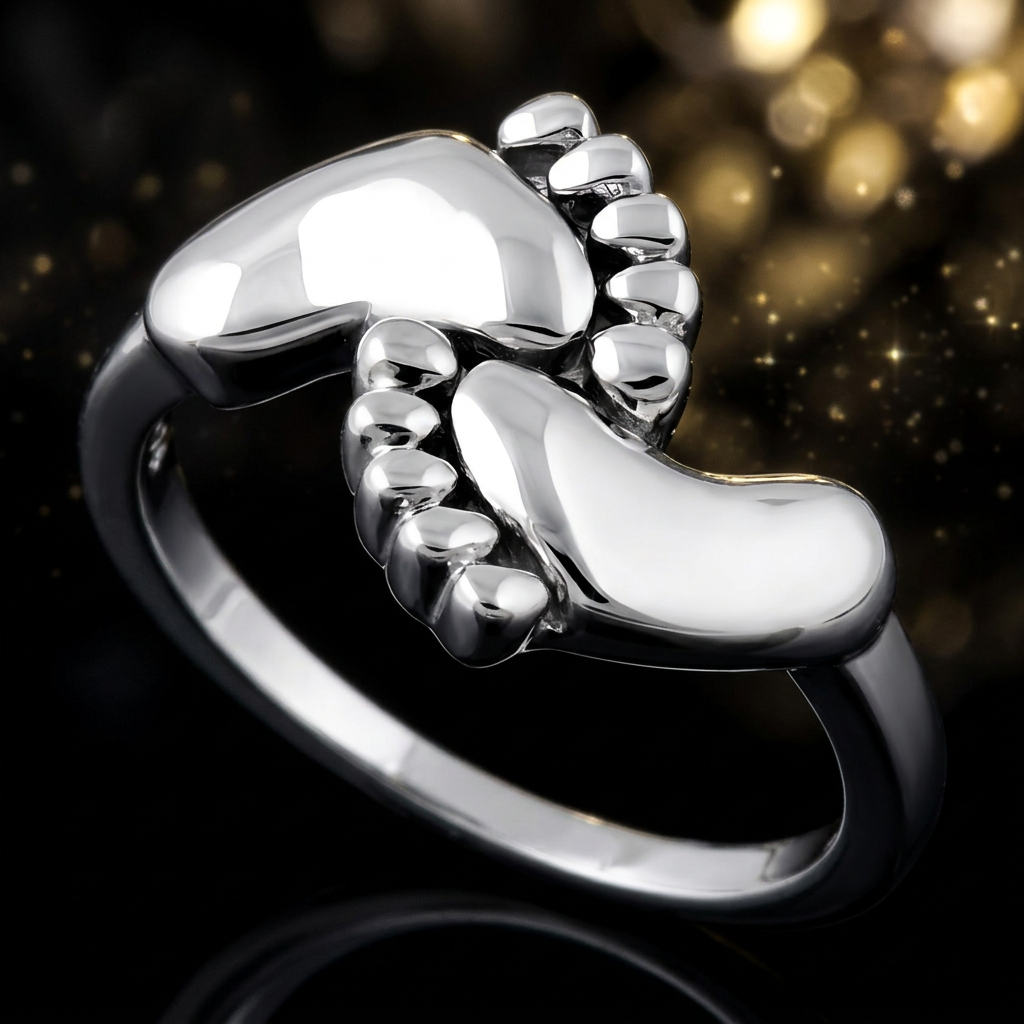 Sterling Silver 1.9mm Baby Feet Footprints Bypass Mom Ring for Women life4