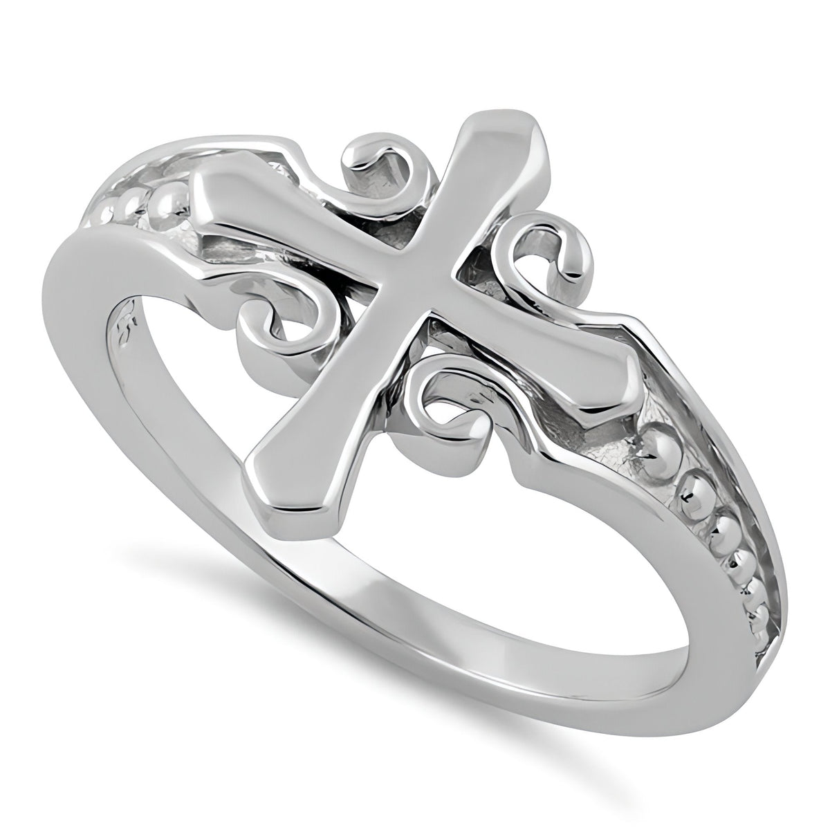 Sterling Silver 2.5mm Scroll Cross Beaded Shoulder Faith Ring for Women