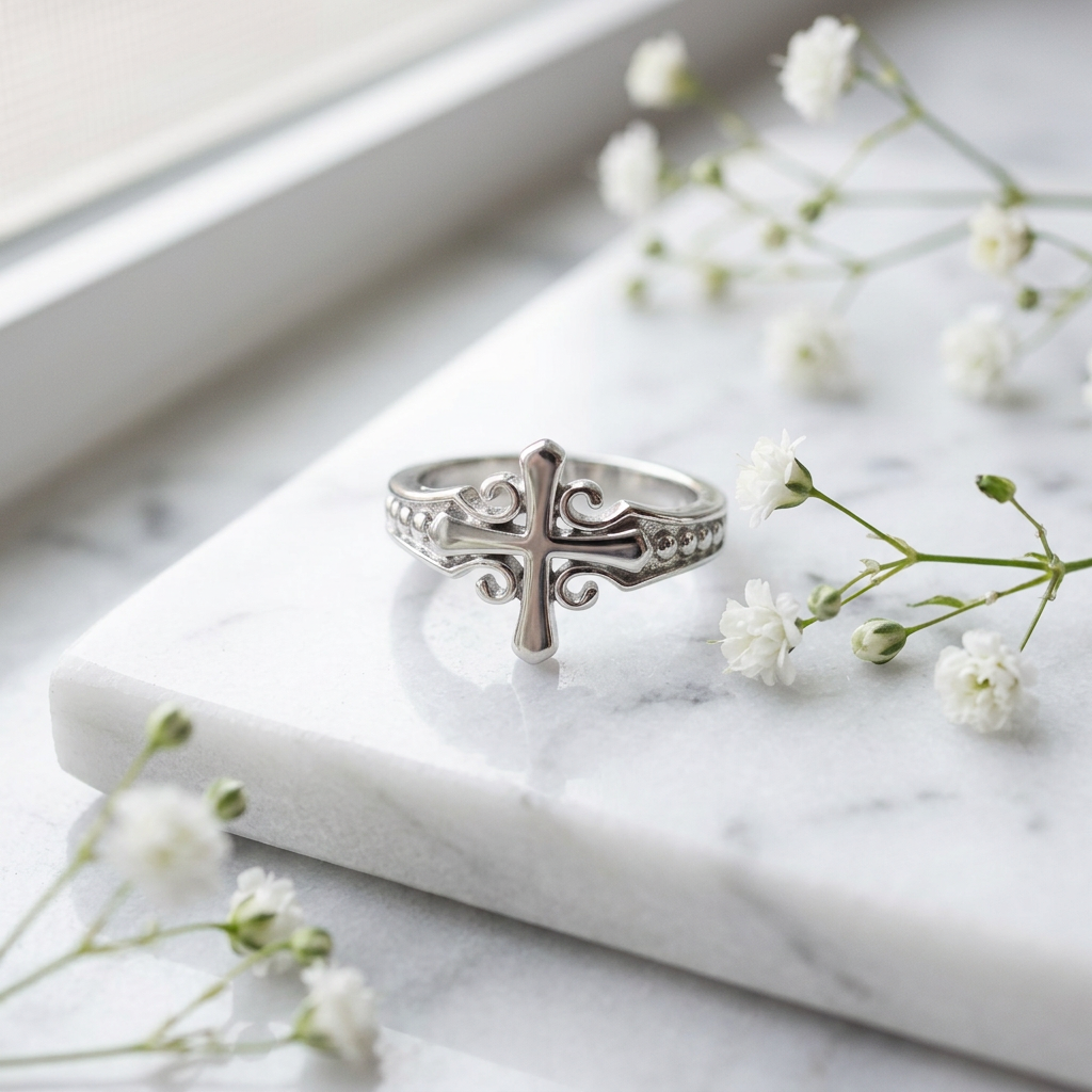 Sterling Silver 2.5mm Scroll Cross Beaded Shoulder Faith Ring for Women life1