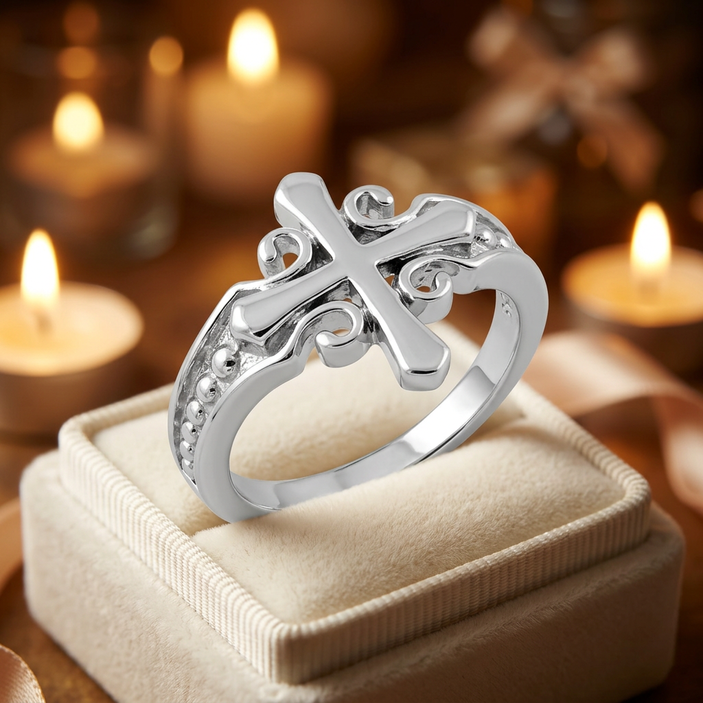 Sterling Silver 2.5mm Scroll Cross Beaded Shoulder Faith Ring for Women life3