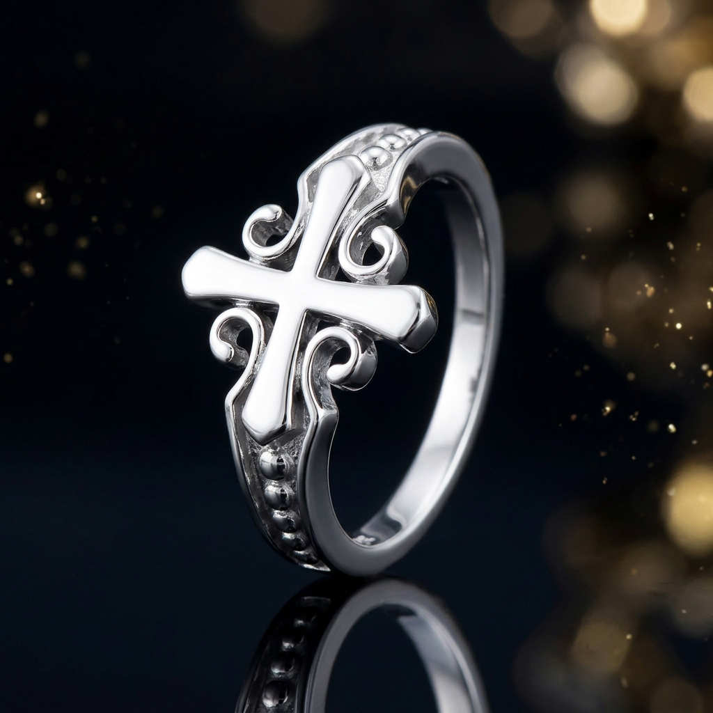 Sterling Silver 2.5mm Scroll Cross Beaded Shoulder Faith Ring for Women life4