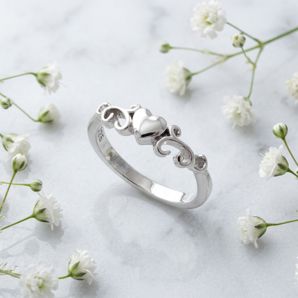 Sterling Silver 2.7mm Puffed Heart Scroll Swirl Promise Ring for Women life1