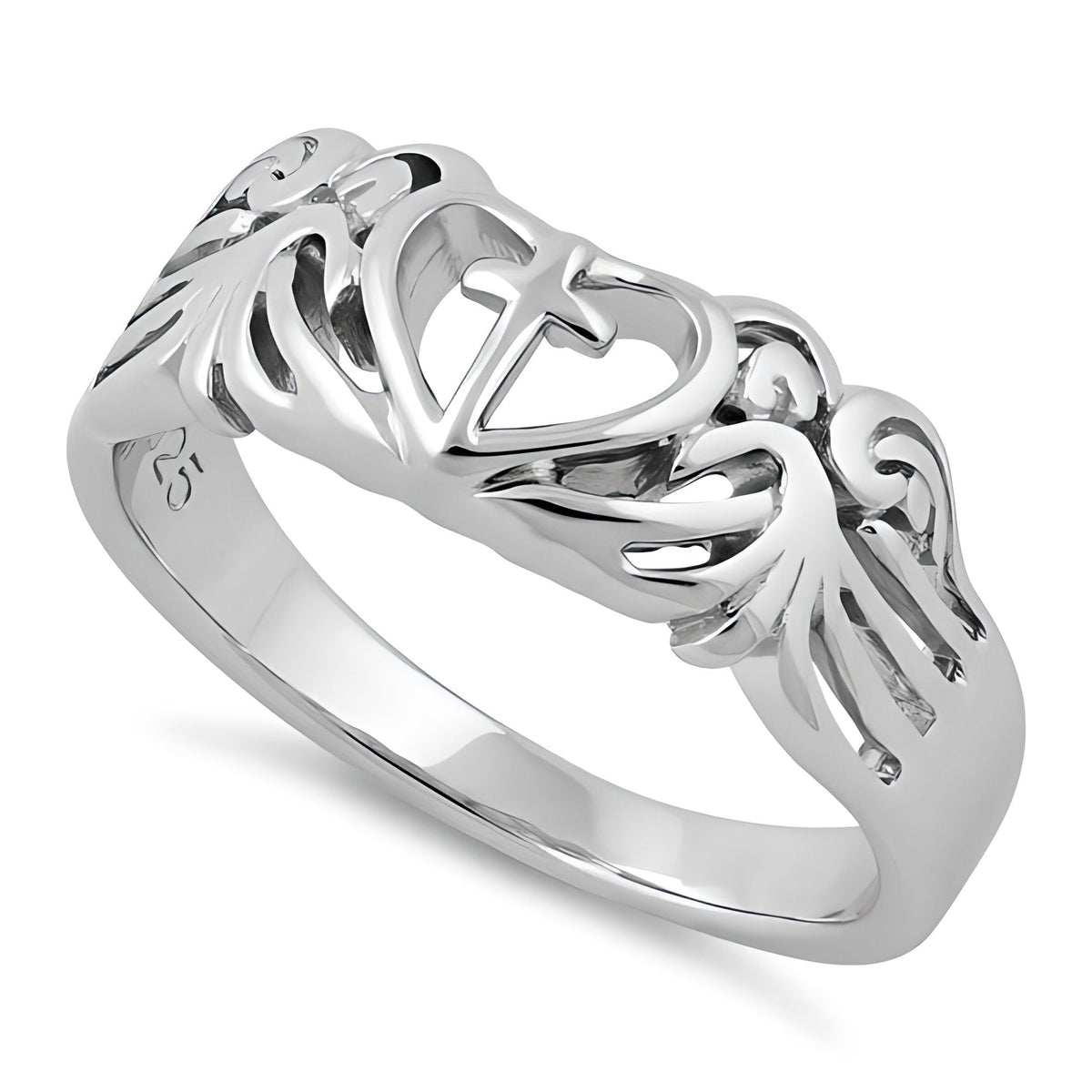 Sterling Silver 4.8mm Open Heart Cross with Angel Wings Faith Ring for Women
