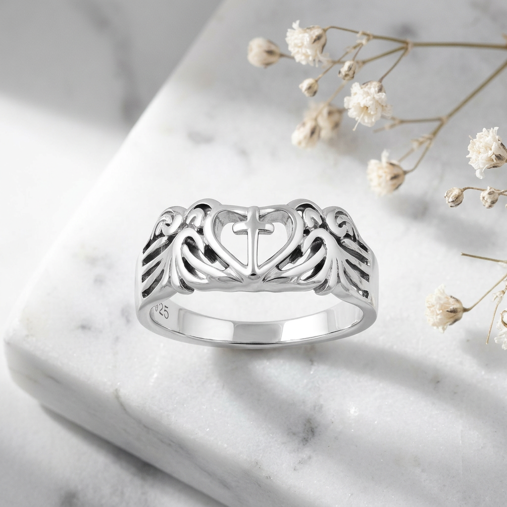 Sterling Silver 4.8mm Open Heart Cross with Angel Wings Faith Ring for Women life1