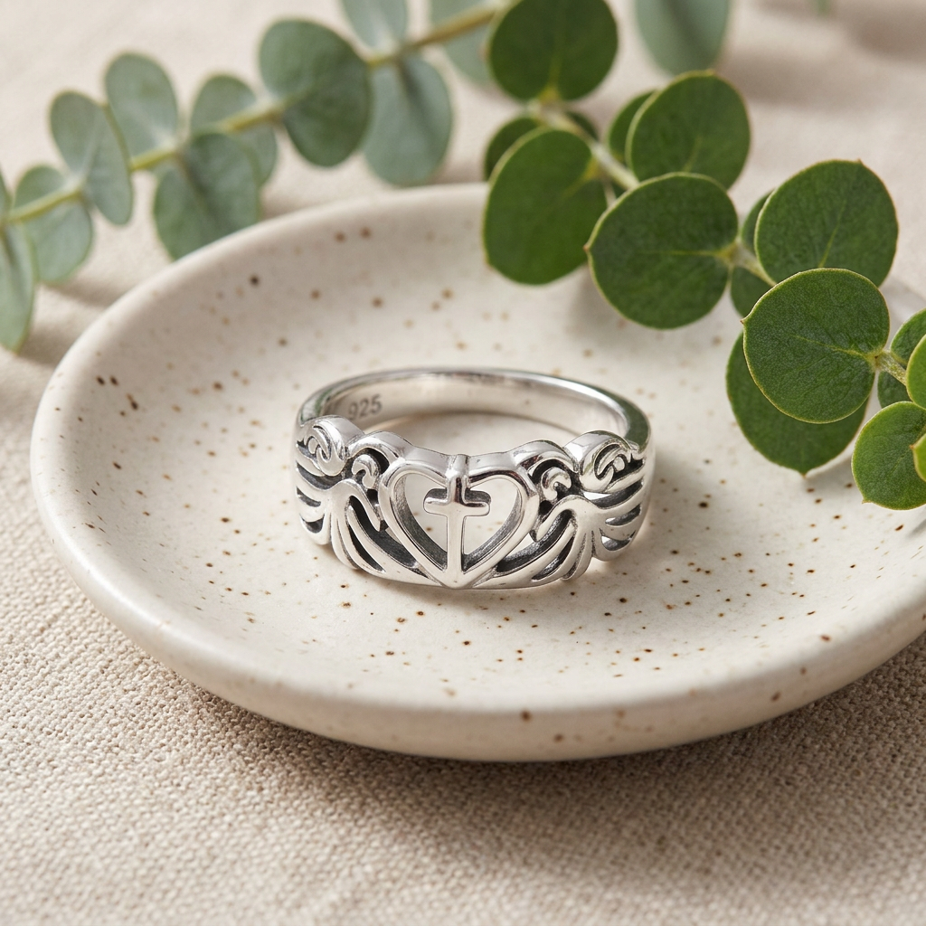 Sterling Silver 4.8mm Open Heart Cross with Angel Wings Faith Ring for Women life2