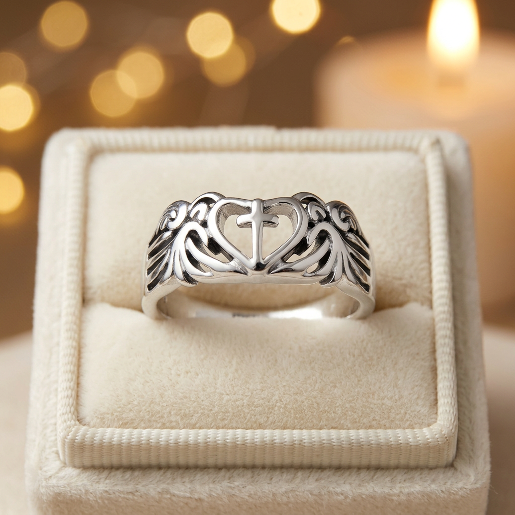 Sterling Silver 4.8mm Open Heart Cross with Angel Wings Faith Ring for Women life3