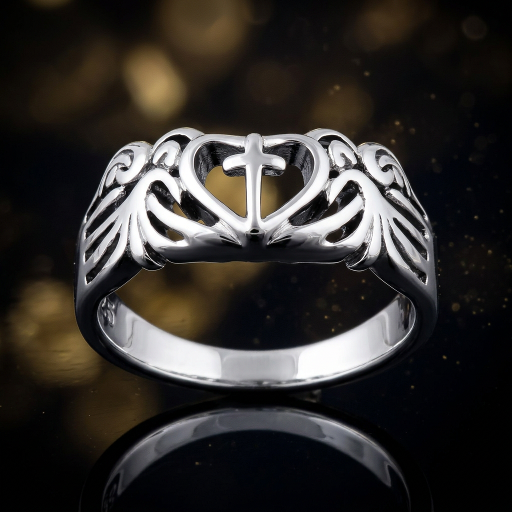 Sterling Silver 4.8mm Open Heart Cross with Angel Wings Faith Ring for Women life4
