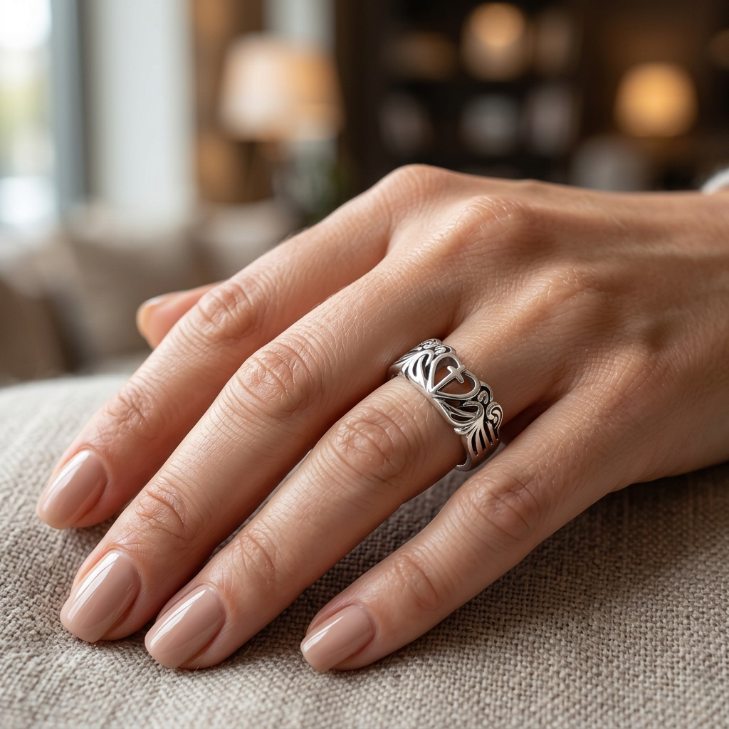 Sterling Silver 4.8mm Open Heart Cross with Angel Wings Faith Ring for Women model