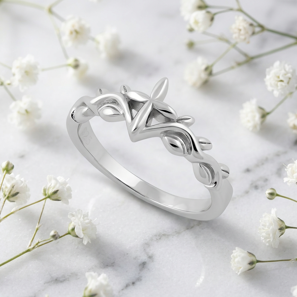Sterling Silver 2.8mm Cross and Leaf Vine Faith Ring for Women life1