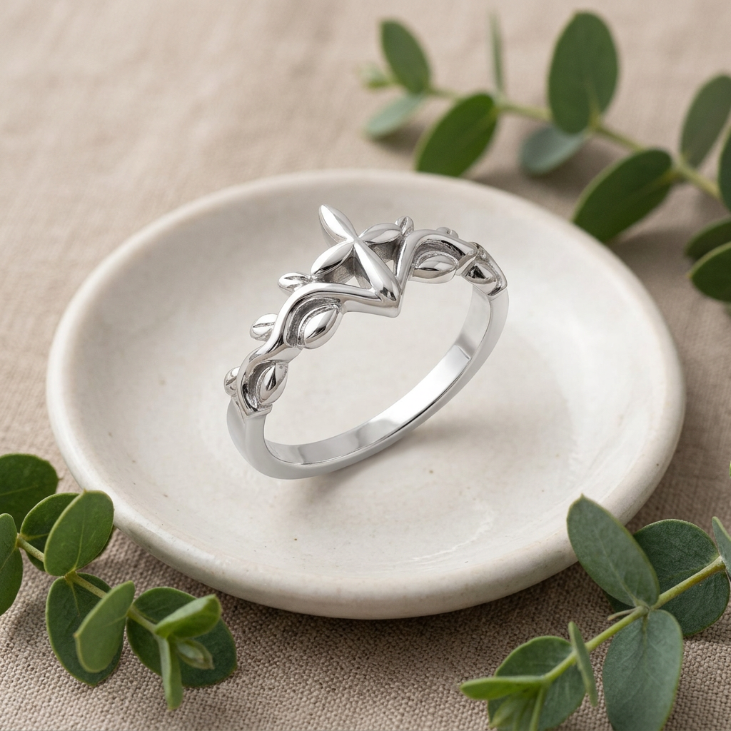 Sterling Silver 2.8mm Cross and Leaf Vine Faith Ring for Women life2