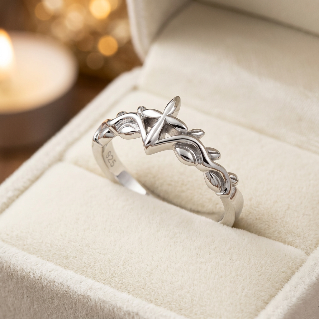 Sterling Silver 2.8mm Cross and Leaf Vine Faith Ring for Women life3