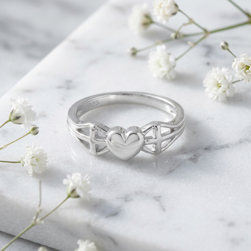 Sterling Silver 2.6mm Puffed Heart and Two Crosses Faith Ring for Women life1