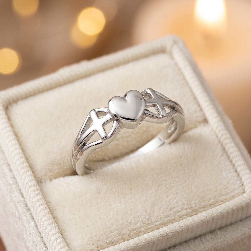 Sterling Silver 2.6mm Puffed Heart and Two Crosses Faith Ring for Women life3