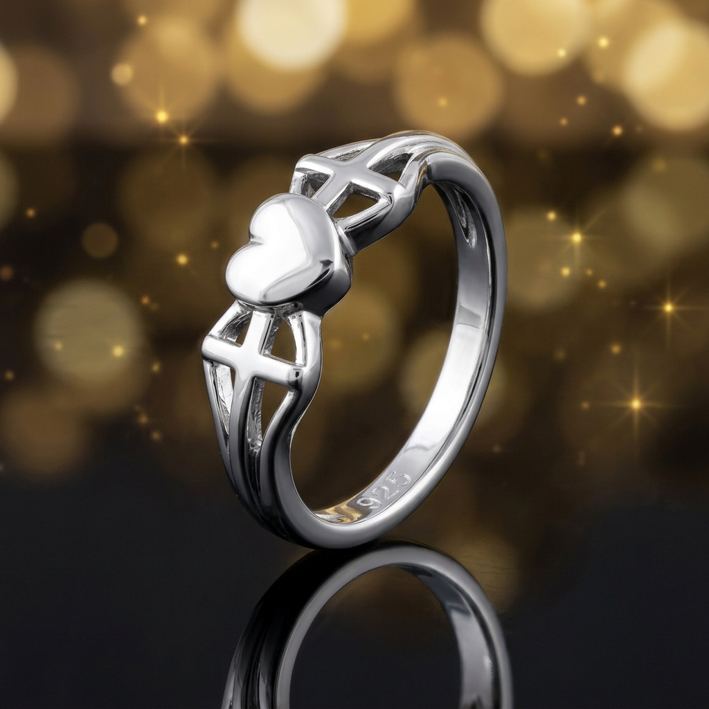 Sterling Silver 2.6mm Puffed Heart and Two Crosses Faith Ring for Women life4