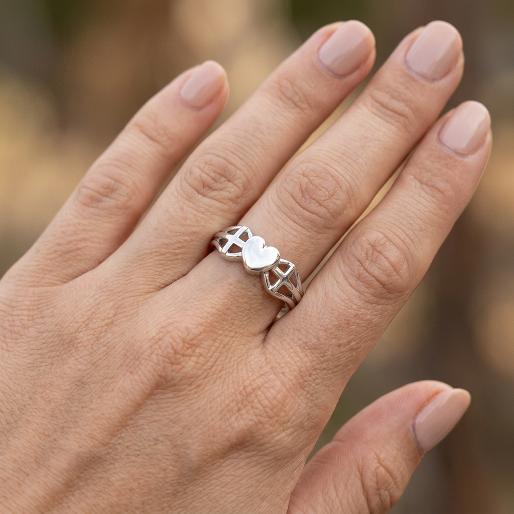 Sterling Silver 2.6mm Puffed Heart and Two Crosses Faith Ring for Women model