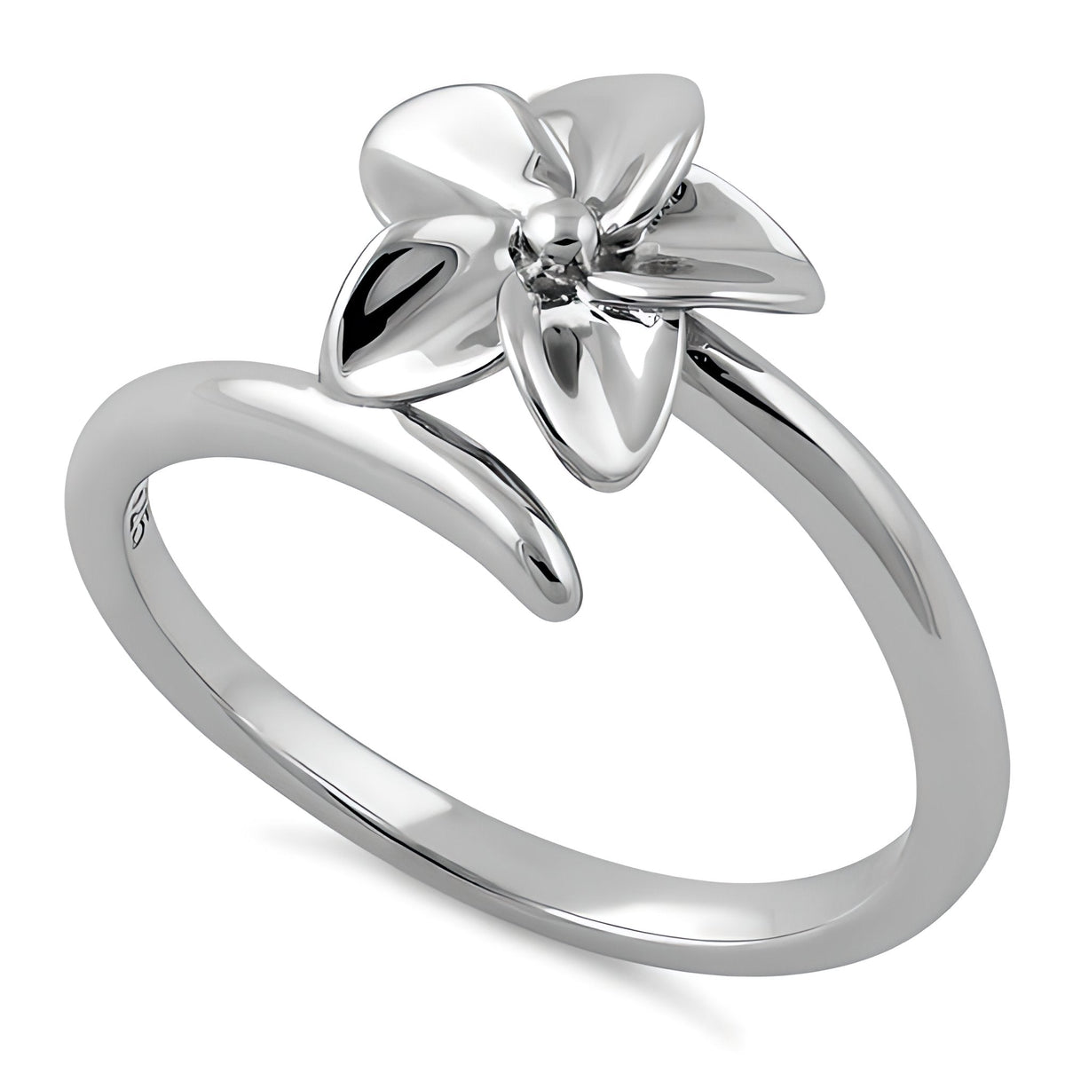Sterling Silver Plumeria Flower Wrap Bypass Thin Band Ring for Women