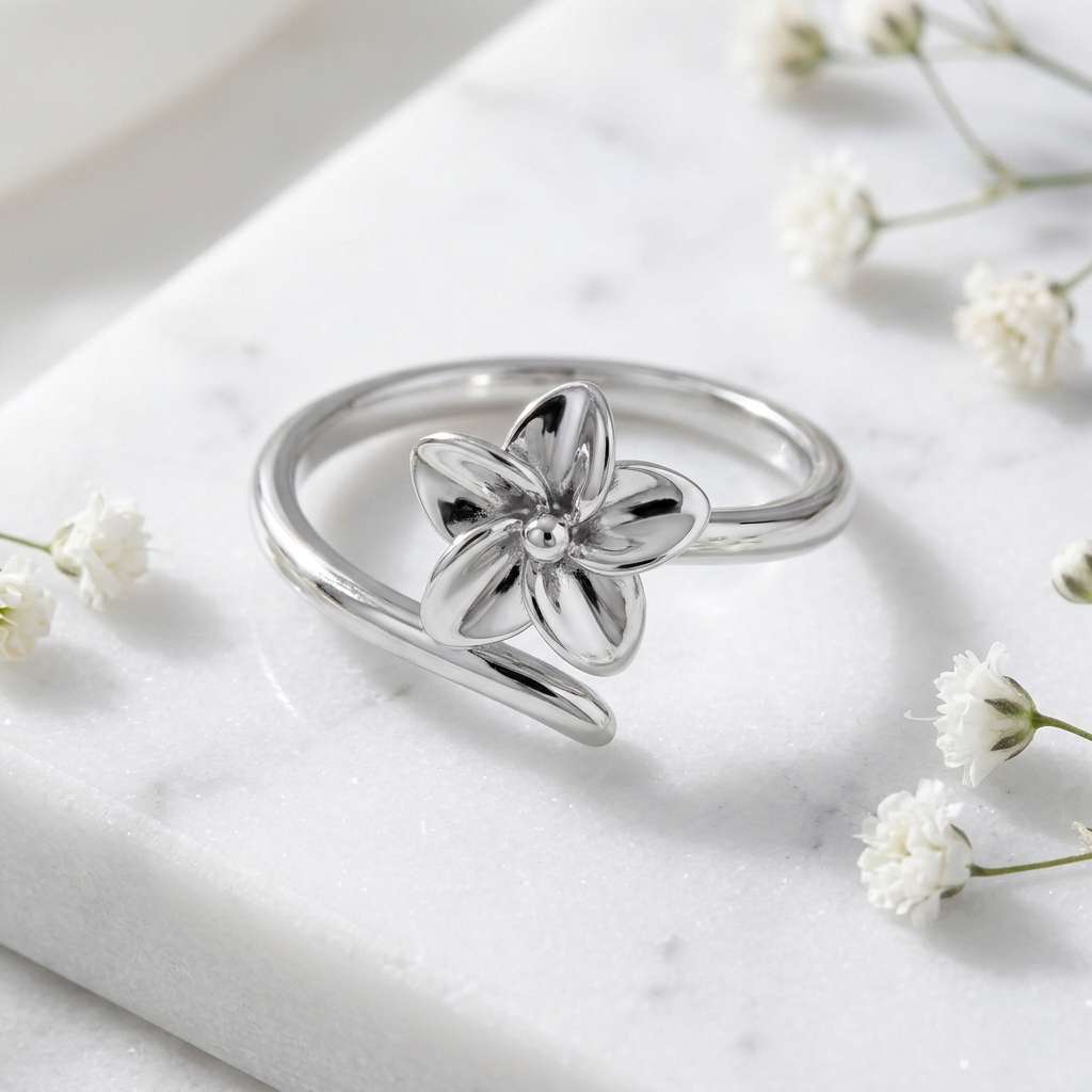 Sterling Silver Plumeria Flower Wrap Bypass Thin Band Ring for Women life1