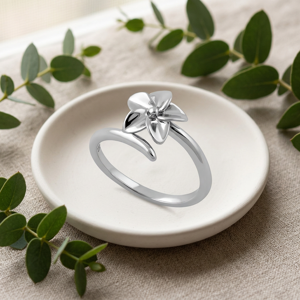 Sterling Silver Plumeria Flower Wrap Bypass Thin Band Ring for Women life2