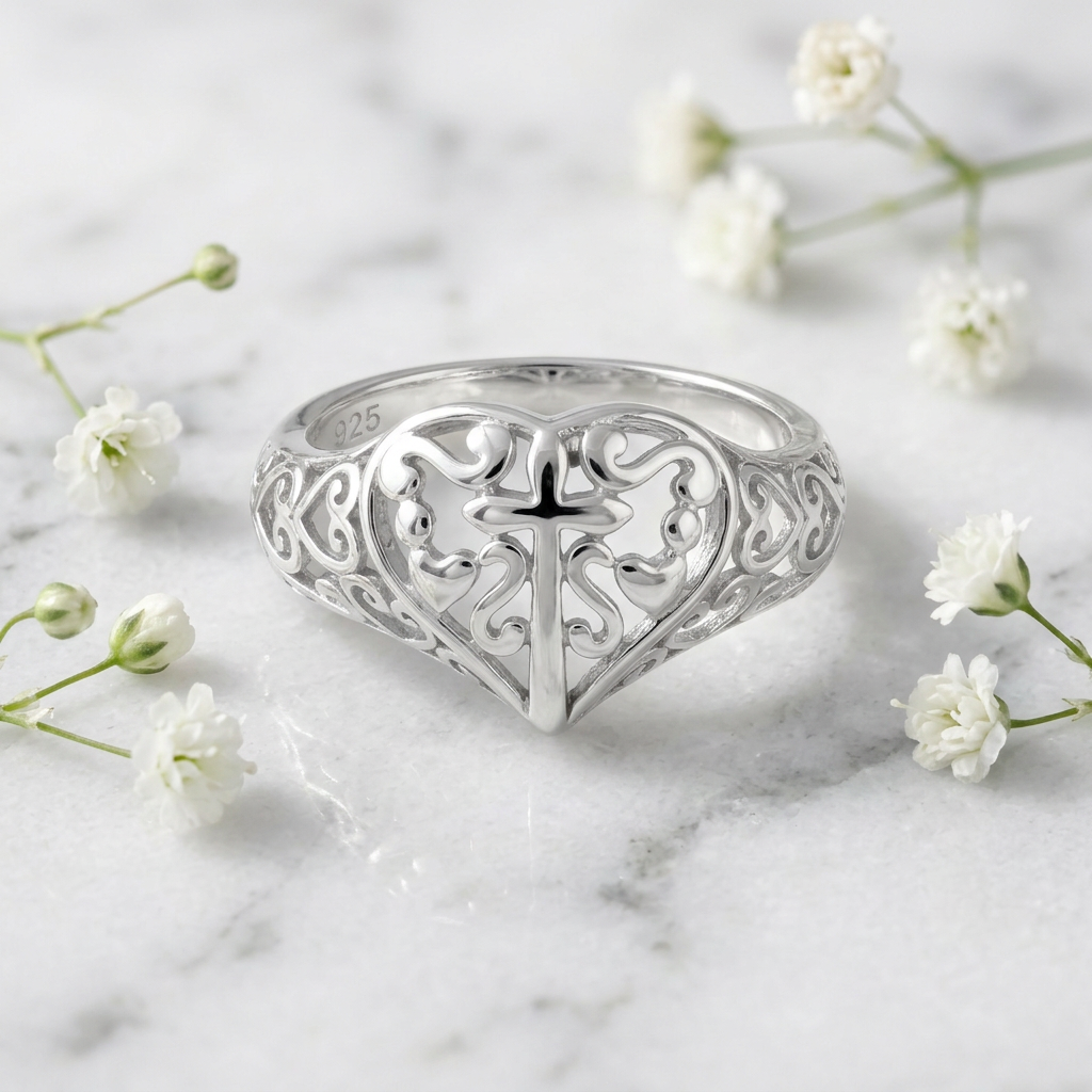 Sterling Silver Cross in Heart Filigree Ring for Women life1