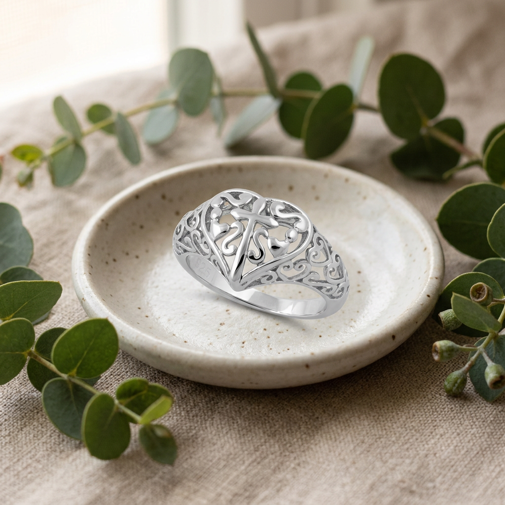 Sterling Silver Cross in Heart Filigree Ring for Women life2
