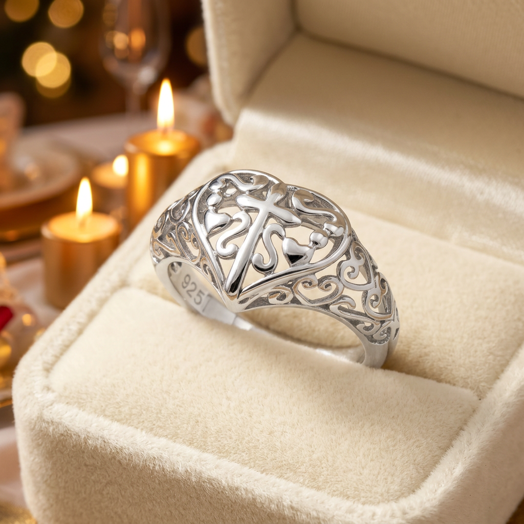 Sterling Silver Cross in Heart Filigree Ring for Women life3