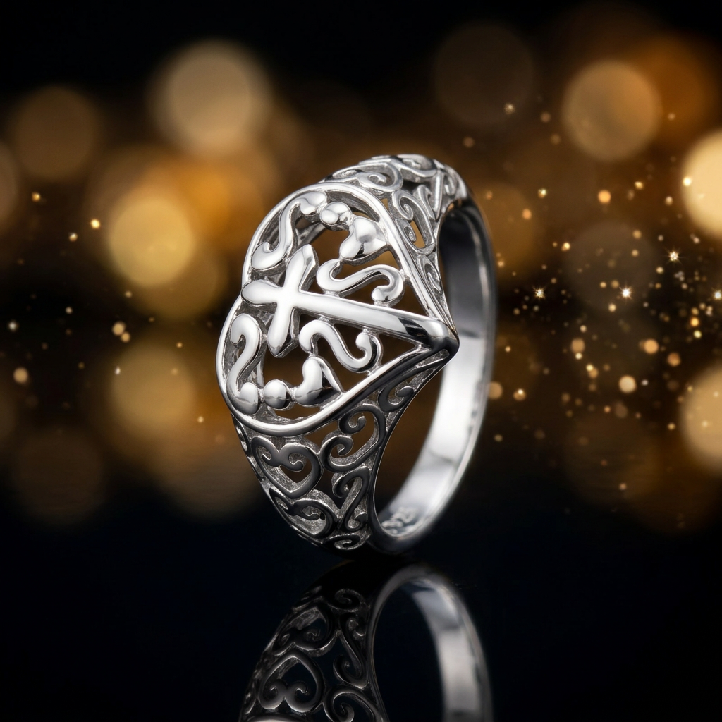 Sterling Silver Cross in Heart Filigree Ring for Women life4