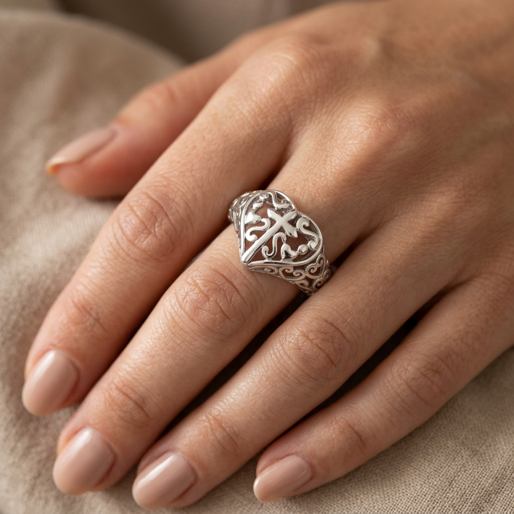 Sterling Silver Cross in Heart Filigree Ring for Women model